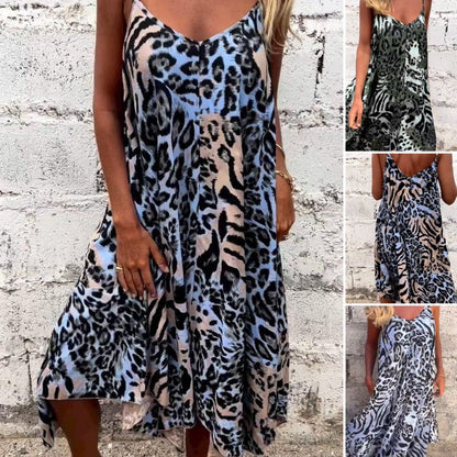 🔥👗Wiosenna nowa sukienka maxi spaghetti z nadrukiem w panterkę