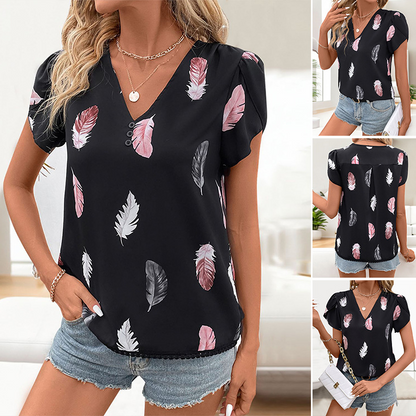 ✨Damski stylowy top z dekoltem w serek z wzorem piór