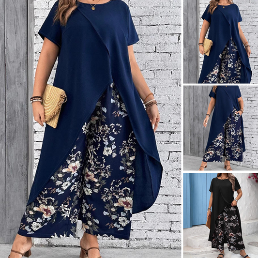 💖 Damski komplet: jednokolorowy top + spodnie z nadrukiem