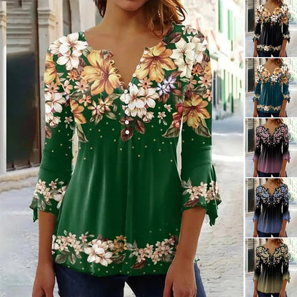 🌹Elegancki damski top z dekoltem w kształcie litery V z kwiatowym nadrukiem