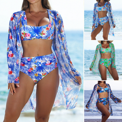 👙Damski 3-częściowy zestaw bikini z siateczkową nakładką👙