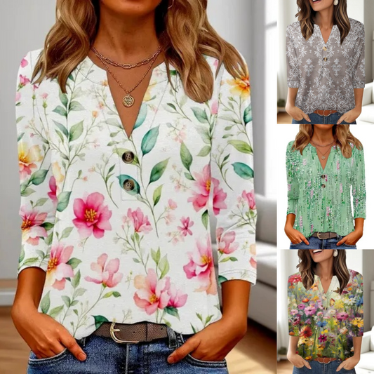 Damski swobodny top z nadrukiem i dekoltem w serek