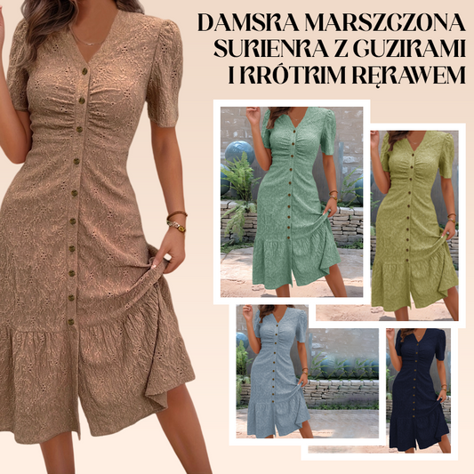 Damska marszczona sukienka z guzikami i krótkim rękawem