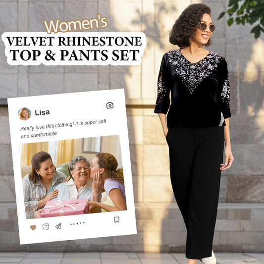 🔥Zestaw damski z aksamitną bluzką z kryształkami i spodniami