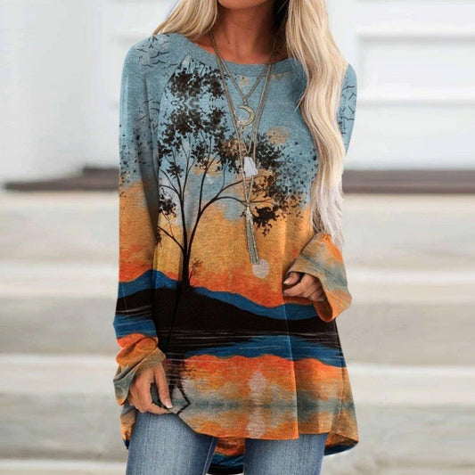 Damska luźna bluzka z długim rękawem i bohemyjskim nadrukiem