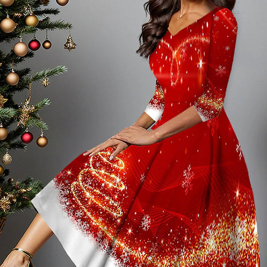 Damska sukienka z nadrukiem i dekoltem w szpic