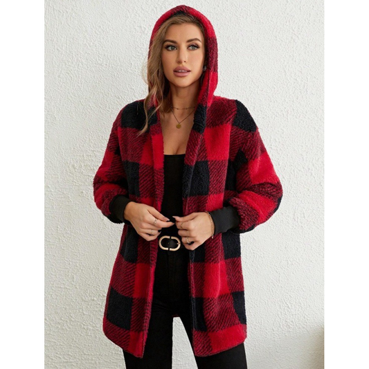 Damska dzianinowa bluza z kapturem w kratę