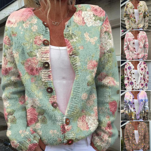 Damska sweterkowa kurtka z dzianiny w kwiatowy wzór