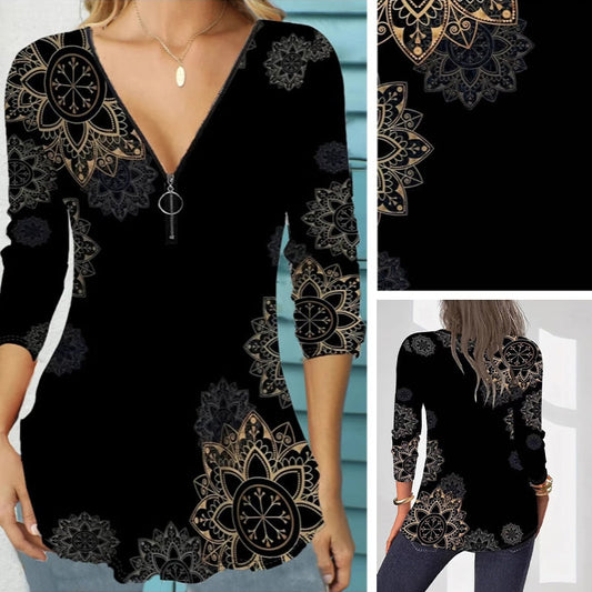 Damska bluzka z nadrukiem i dekoltem w szpic